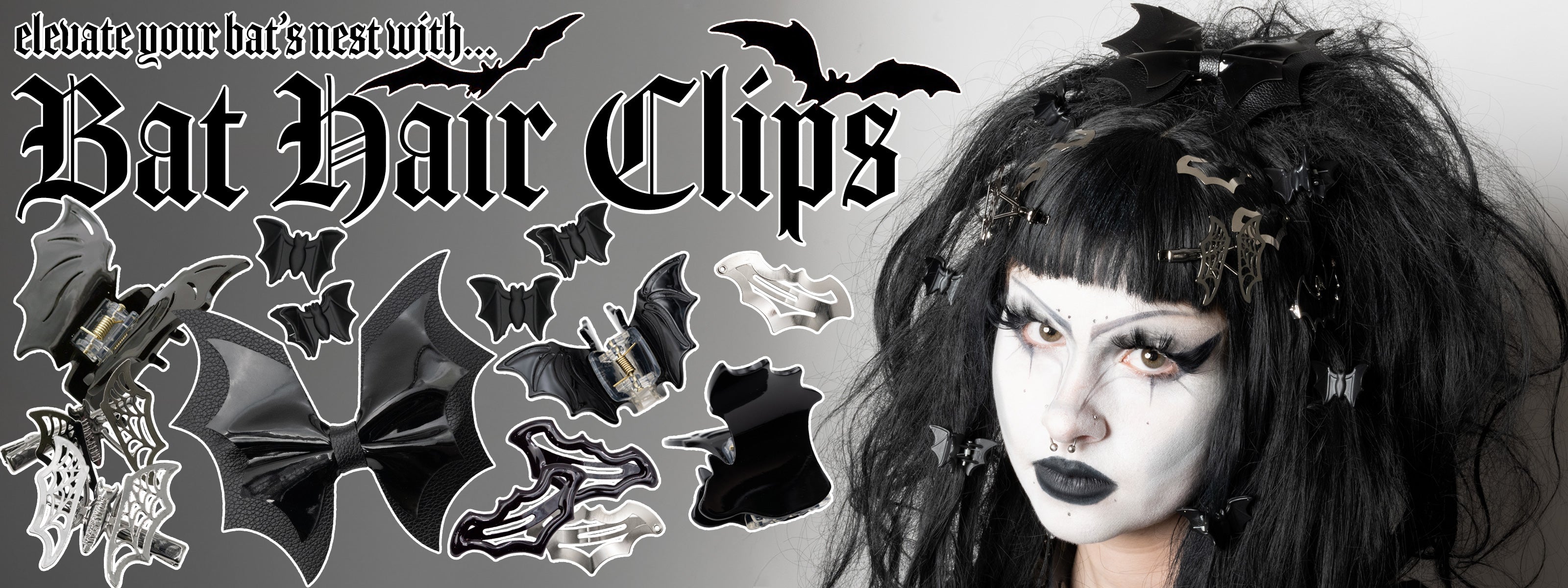 Promotional banner for bat hair clips with a woman wearing many bat hair clips with goth-style makeup
