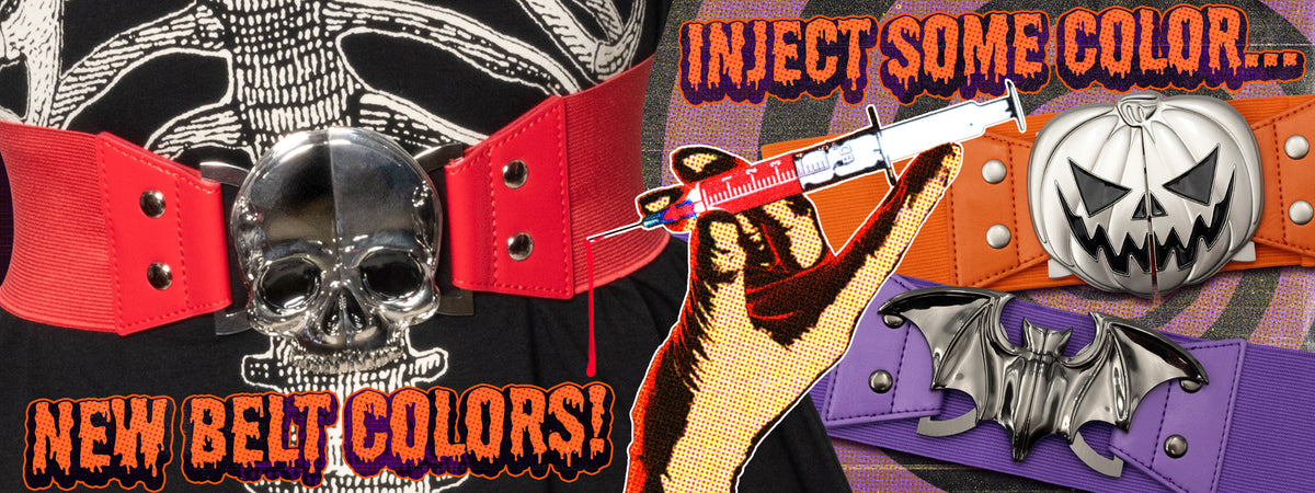 Three colorful belts with skulls, bats, and jack o lanterns. Text reads: Inject some color... new belt colors!