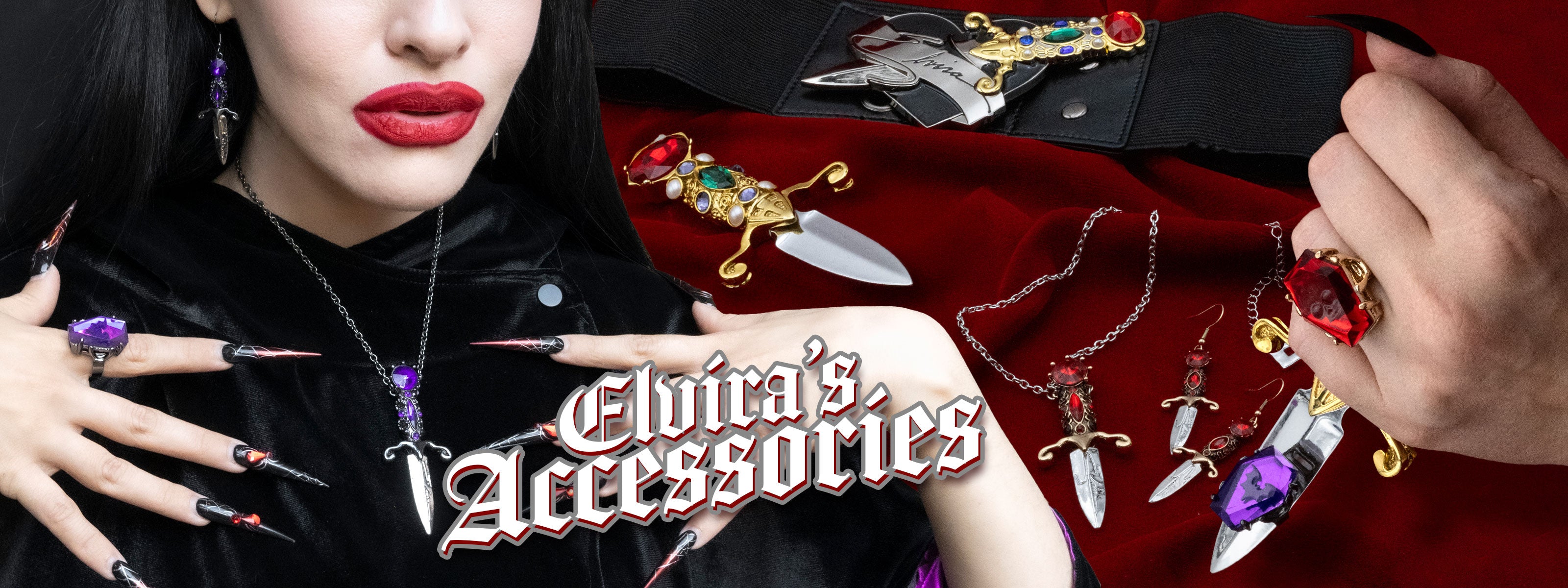 Shop Elvira's Accessories with jewelry and knives on a dark background