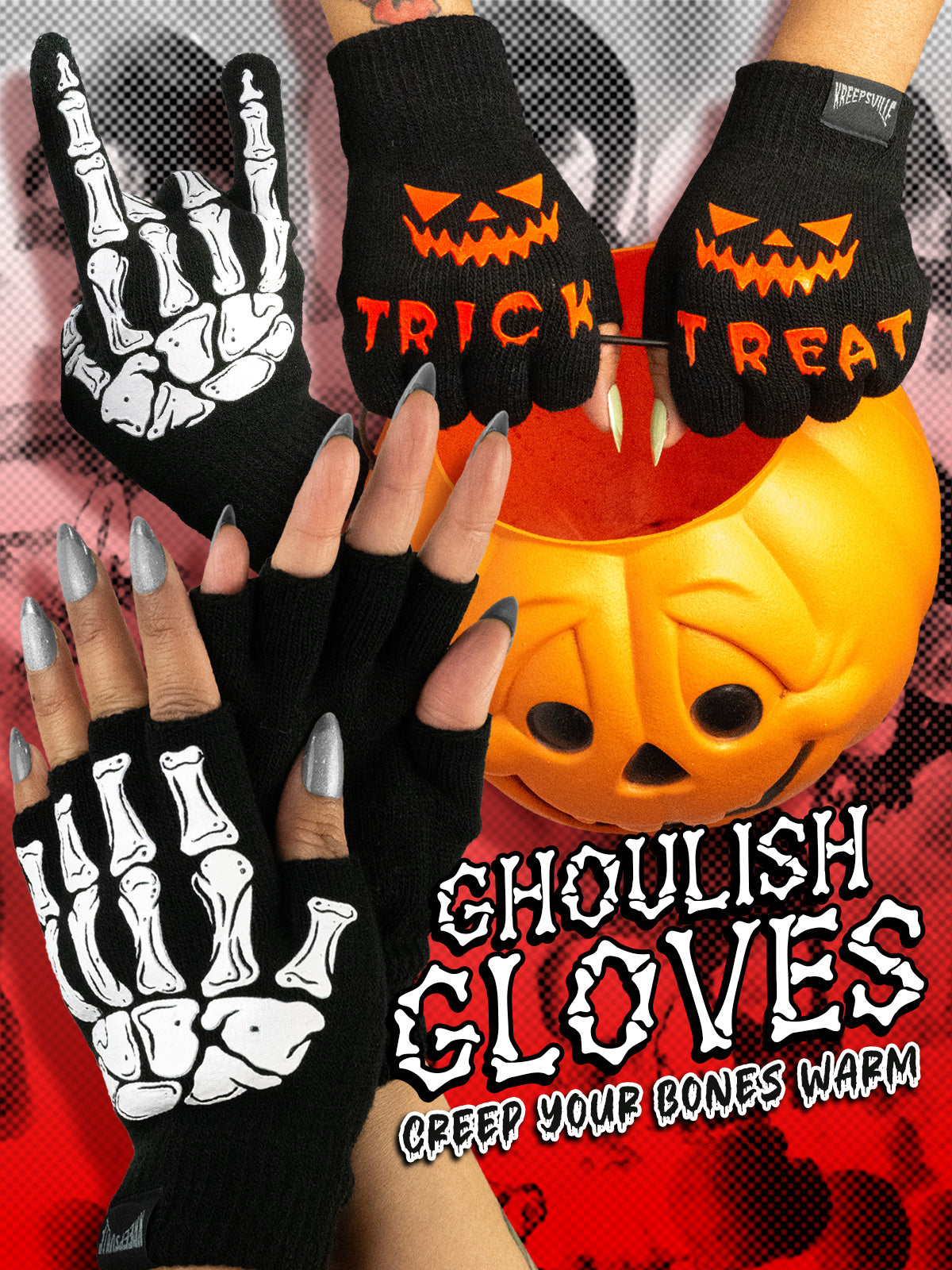 Horror-themed gloves with pumpkin and skeleton designs on a red background.