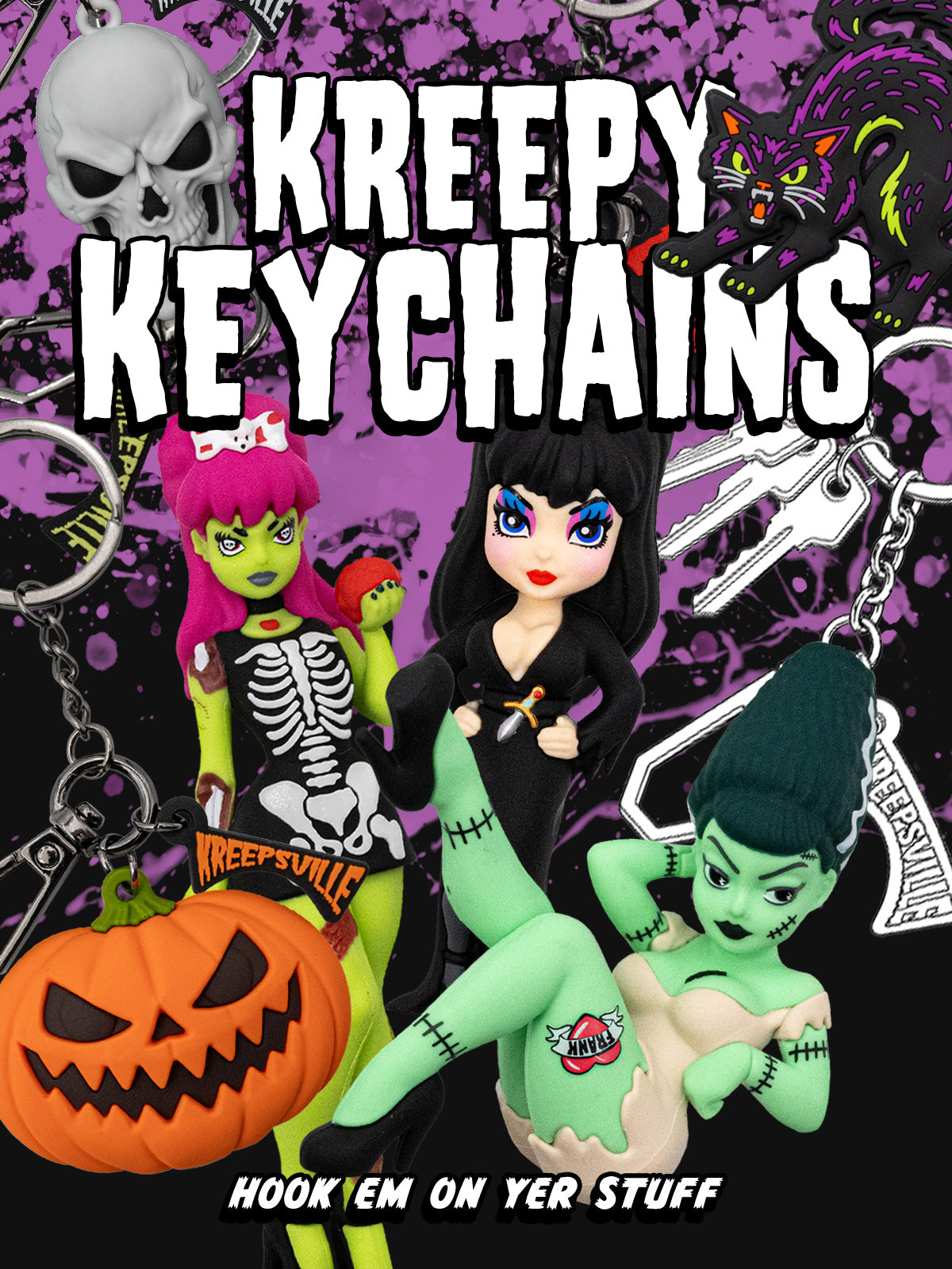 Promotional graphic for 'Kreepy Keychains' featuring a skull, a jack-o'-lantern, Elvira, and other spooky decorations against a purple splattered background.
