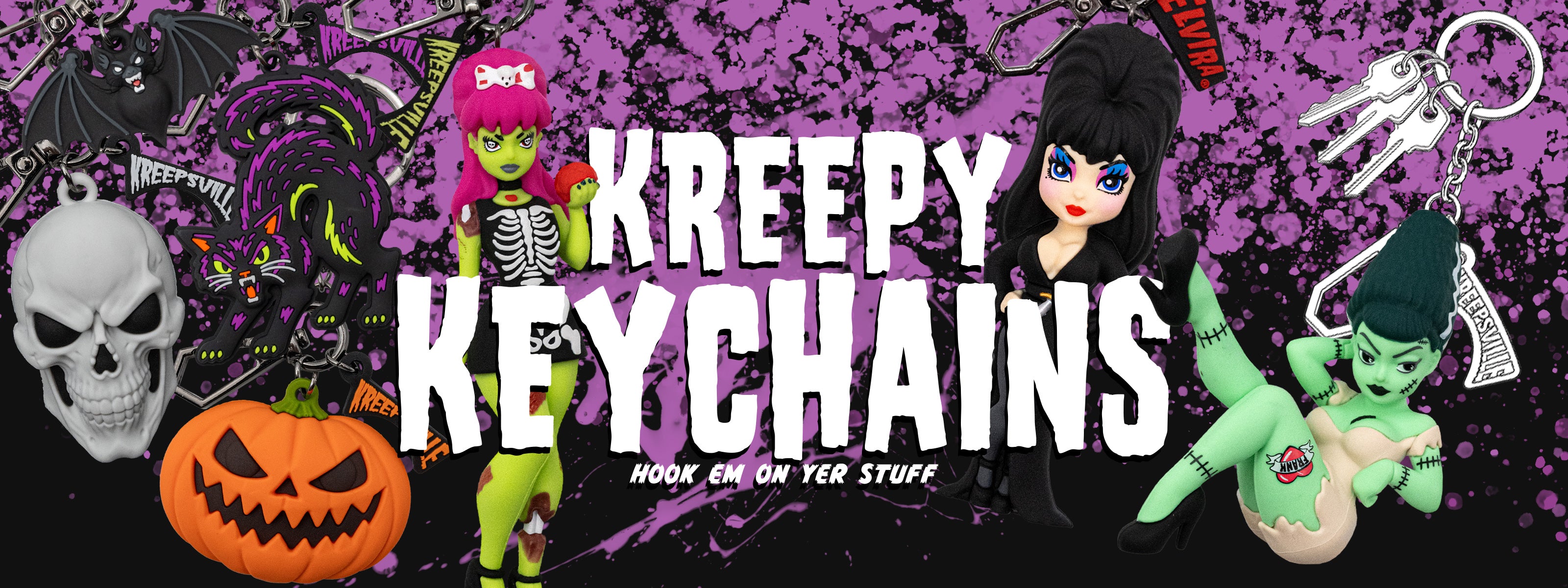 Promotional graphic for 'Kreepy Keychains' featuring a skull, a jack-o'-lantern, Elvira, and other spooky decorations against a purple splattered background.