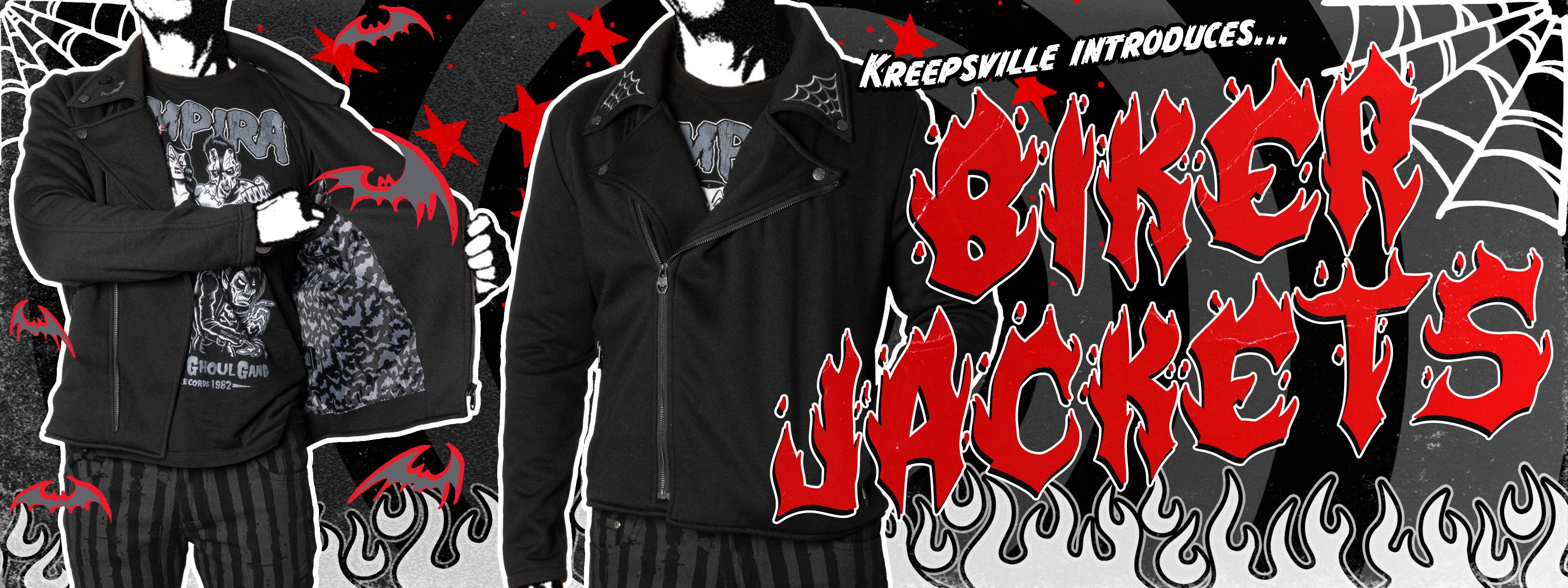 Biker jackets with a spider web and red accents, featuring text 'Kreepsville Introduces Biker Jackets'.