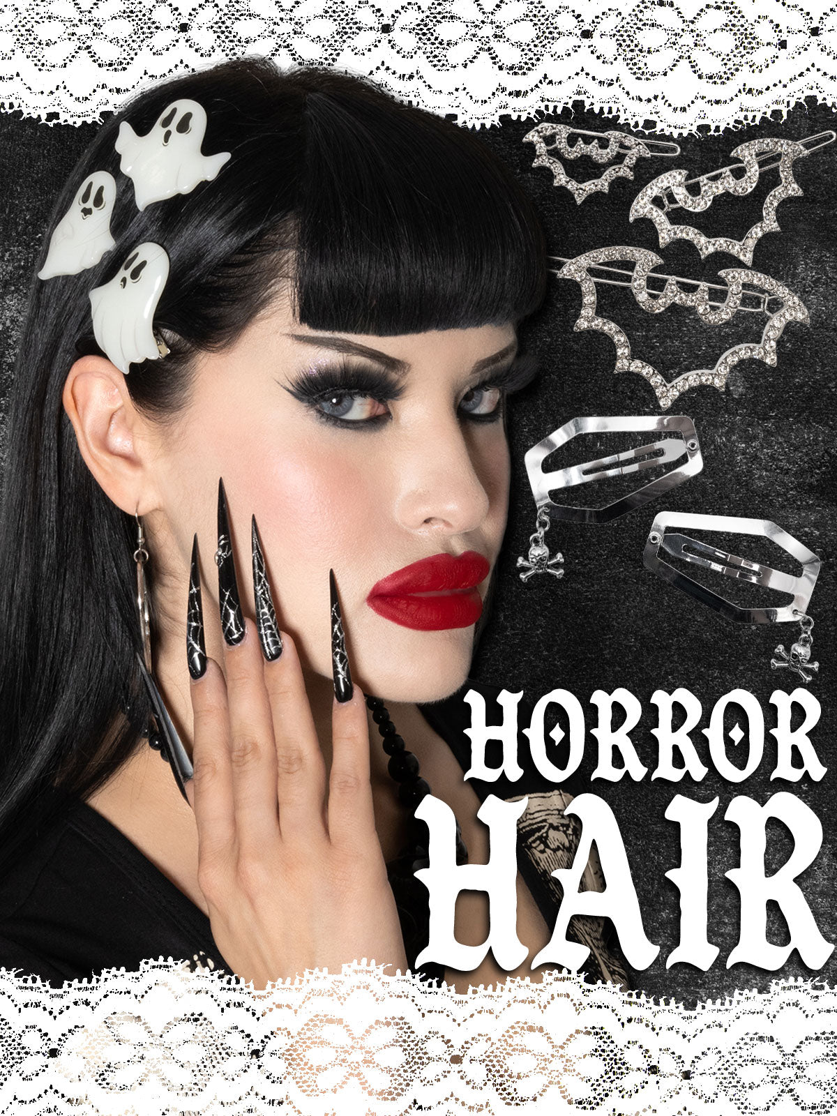 A woman with gothic horror styling, including black hair with white ghost clips, dramatic eye makeup, red lipstick, and long black nail art, posed against a dark background with lace trim and the text 'HORROR HAIR'.