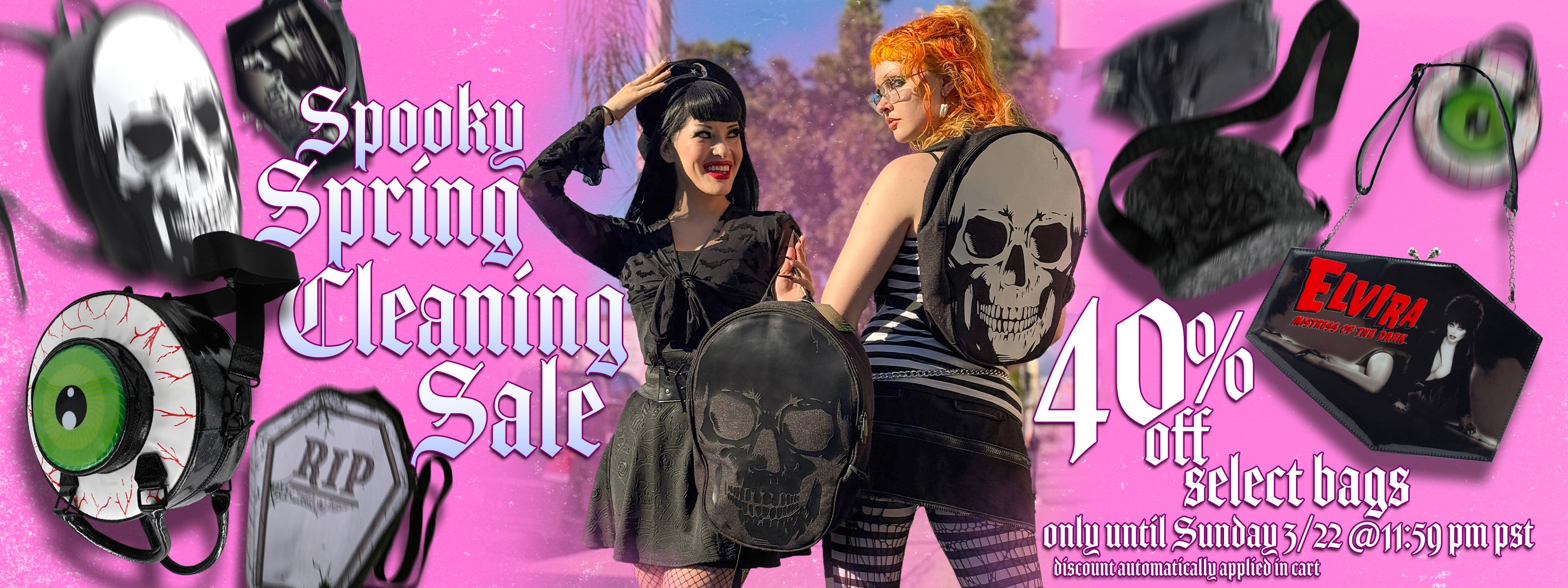 Sale banner with bags. Text reads "Spooky spring cleaning sale. 40% off select bags only until Sunday 3/22 @ 11:59 pm pst. Discount automatically applied in cart.