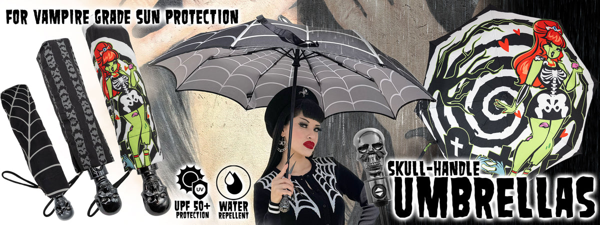 A promotional graphic for a skull-handle umbrella, featuring a woman in a black outfit holding a black umbrella with spiderweb pattern. The image includes illustrated gothic-themed graphics, text reading 'Skull-Handle Umbrellas,' and product callouts like 'Vampire Grade Sun Protection,' 'UPF 50+ Protection,' and 'Water Repellent.