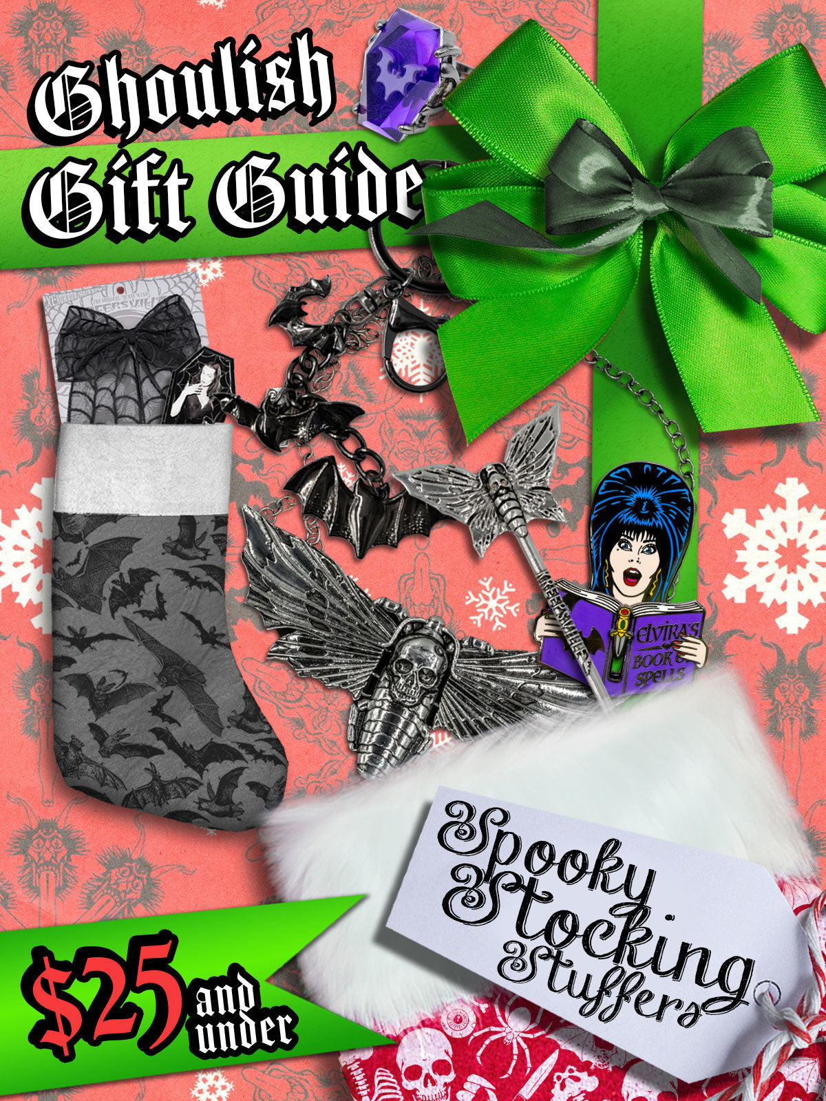 Ghoulish gift guide spooky stocking stuffers promo banner with spooky-themed products and decorations on a colorful background.