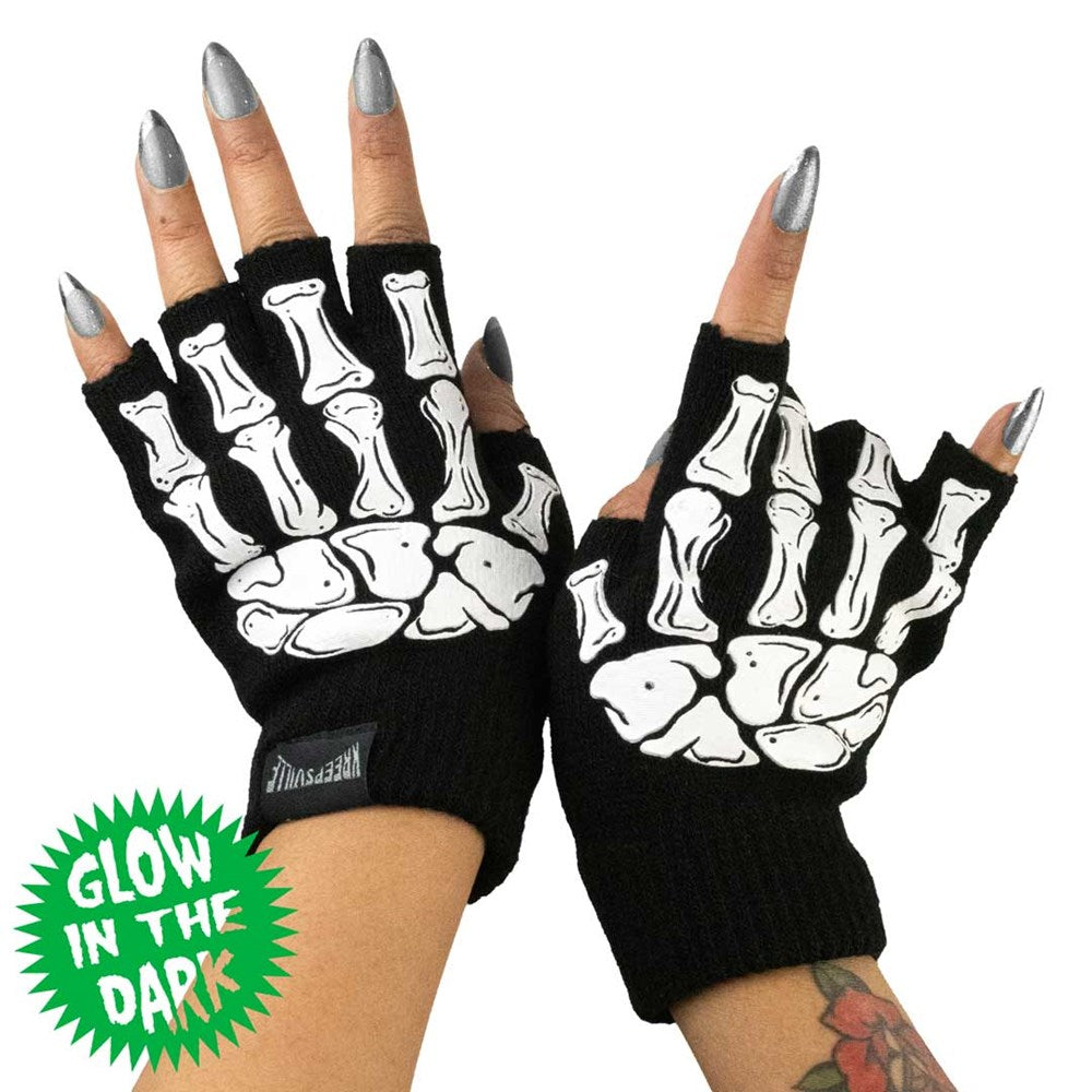Skeleton Hand Fingerless Glow Knit Gloves - Kreepsville