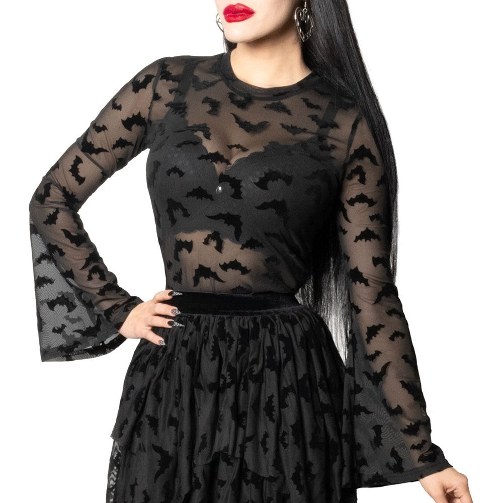 Bat Repeat Mesh Bell Sleeve Top - Kreepsville