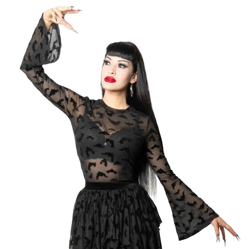 Bat Repeat Mesh Bell Sleeve Top - Kreepsville