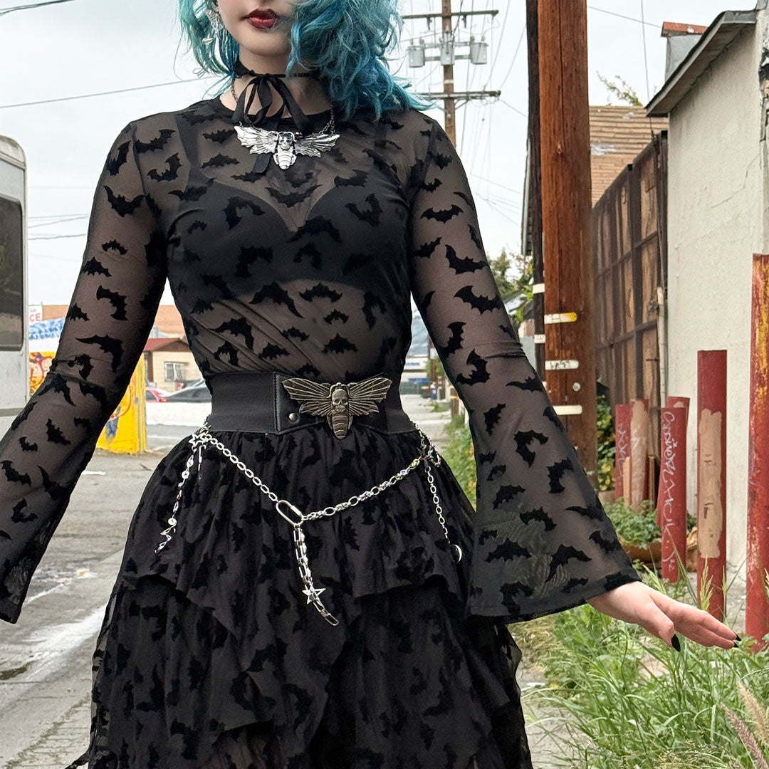 Bat Repeat Mesh Bell Sleeve Top - Kreepsville