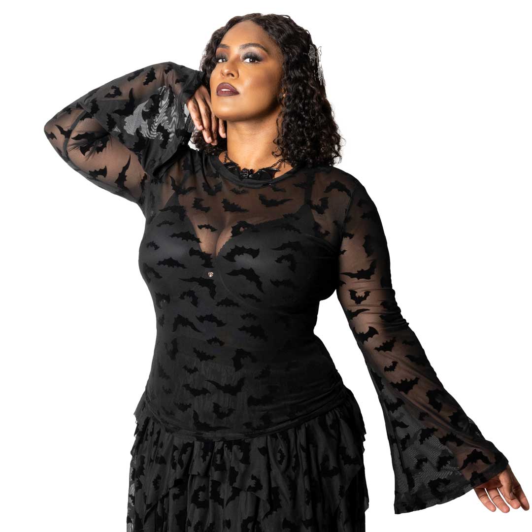 Bat Repeat Mesh Bell Sleeve Top - Kreepsville