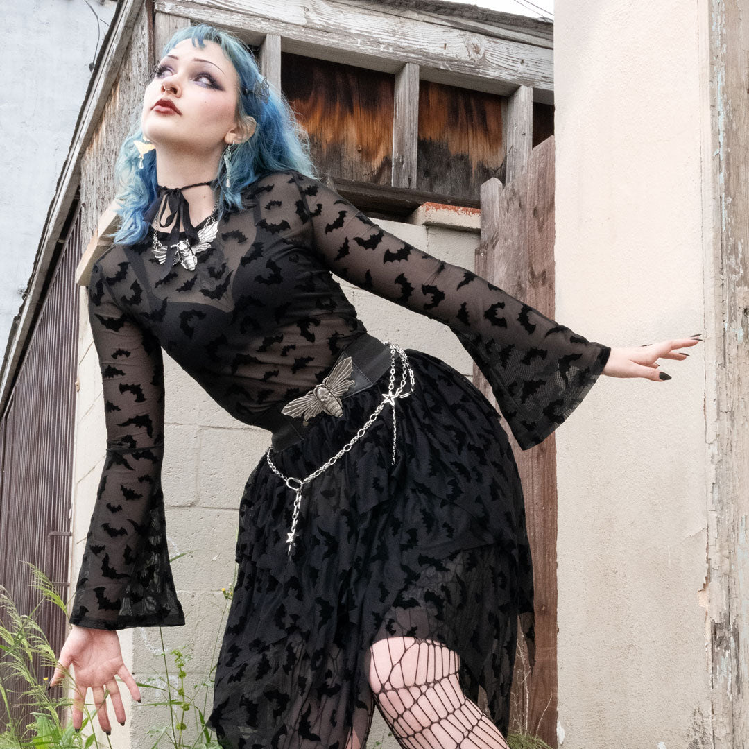 Bat Repeat Mesh Bell Sleeve Top - Kreepsville