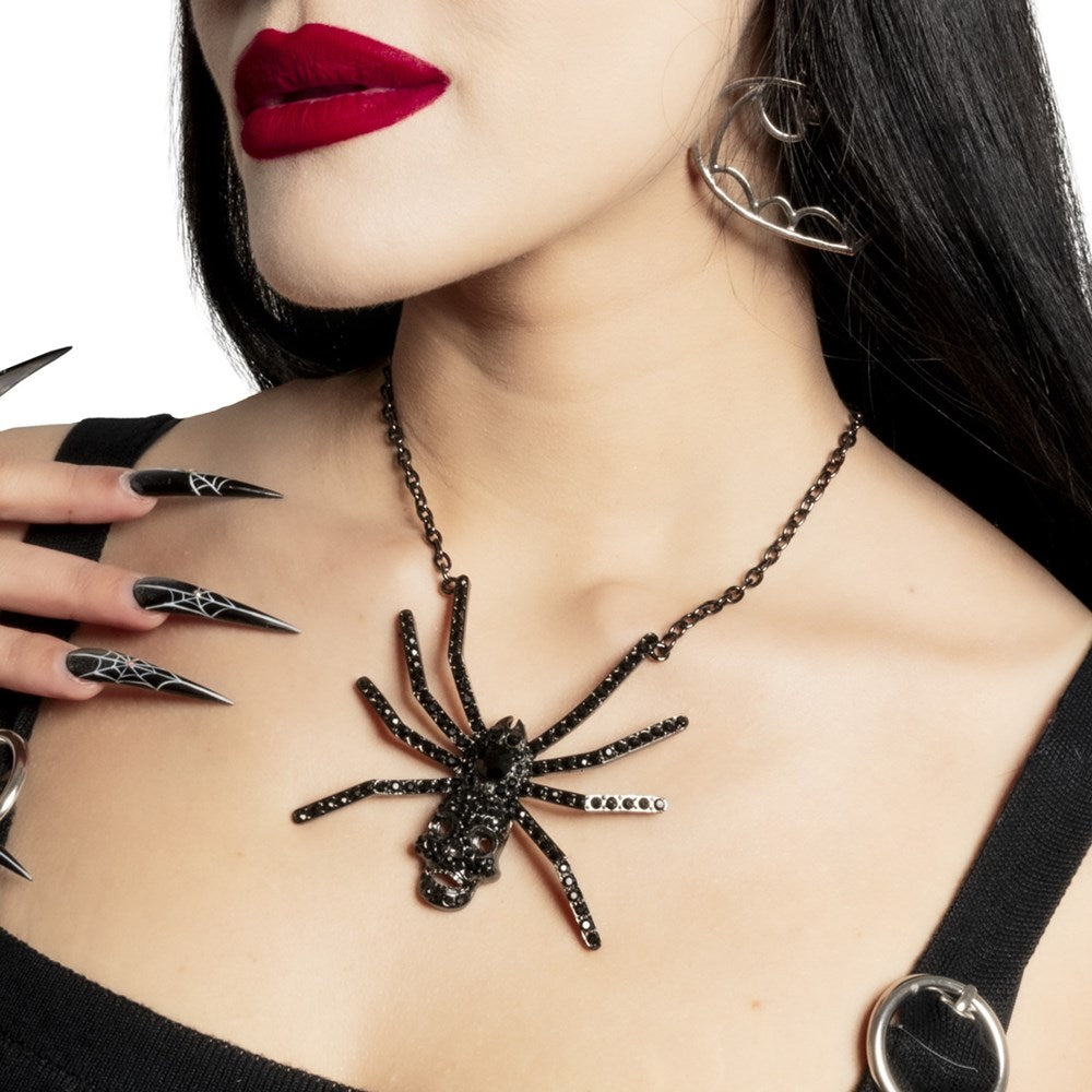 Dia Spider Skull Necklace Black - Kreepsville