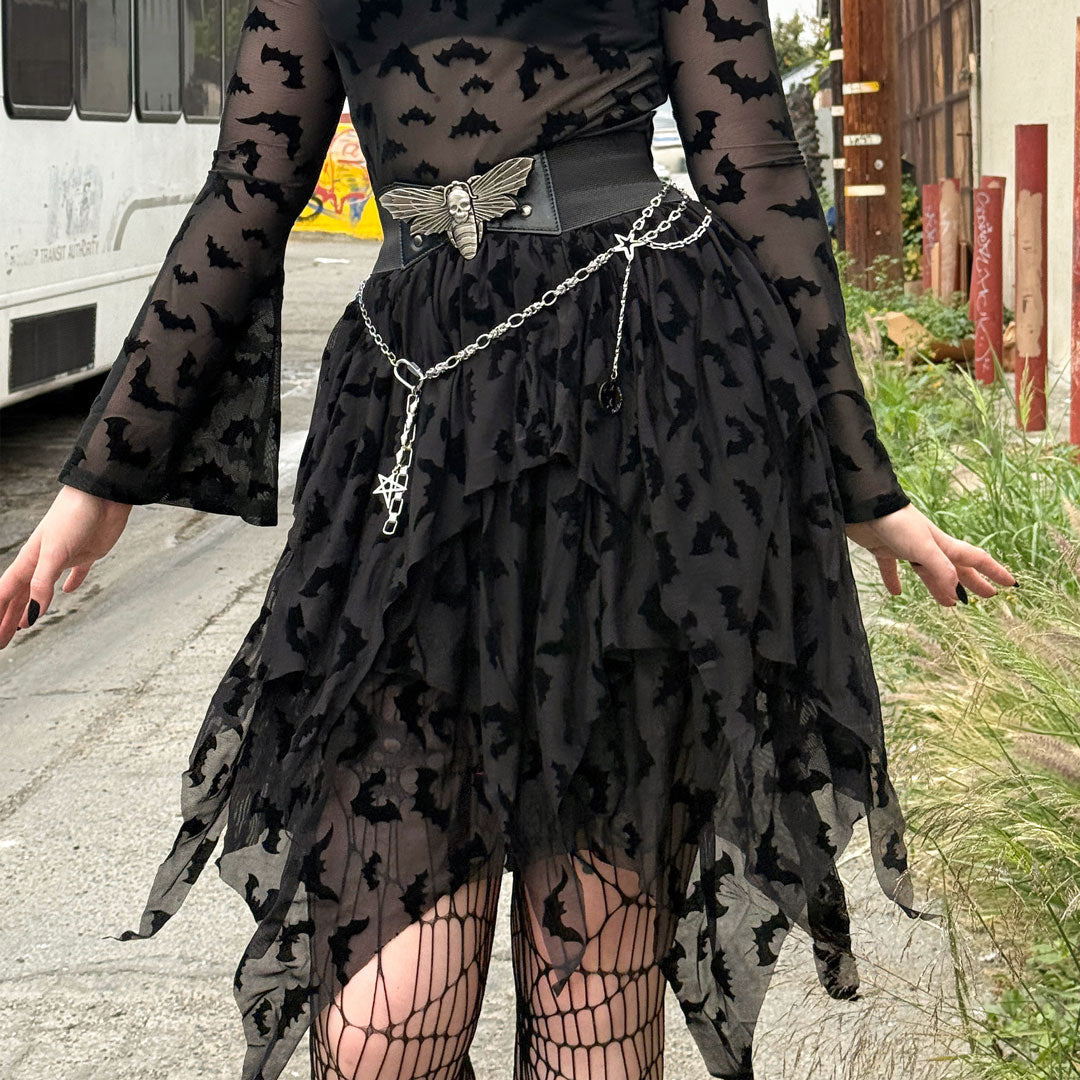 Bat Repeat Mesh Tiered Midi Skirt - Kreepsville