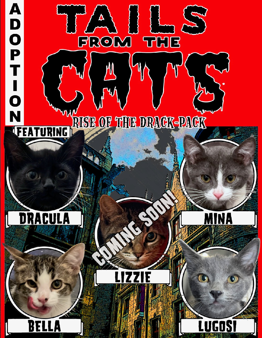 Promotional poster for 'Tails from the Cats: Rise of the Drack Pack' featuring images of cats and text about adoption.