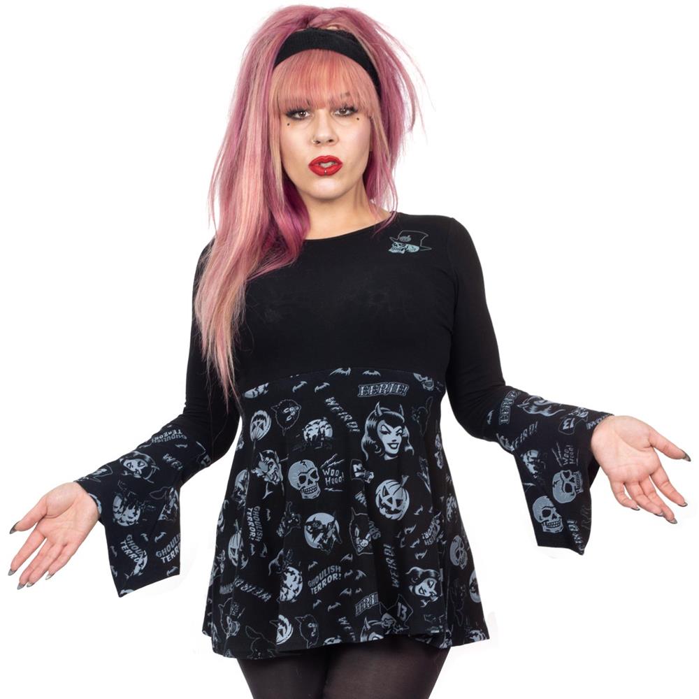 Spookshow Bell Sleeve Babydoll Top Blk/Grey - Kreepsville