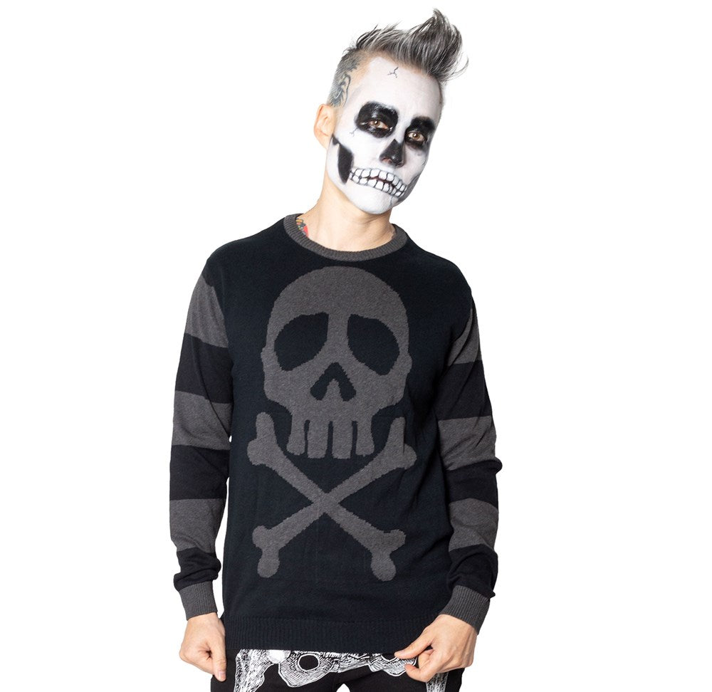 Harlock Skull Grey Striped Sweater - Kreepsville
