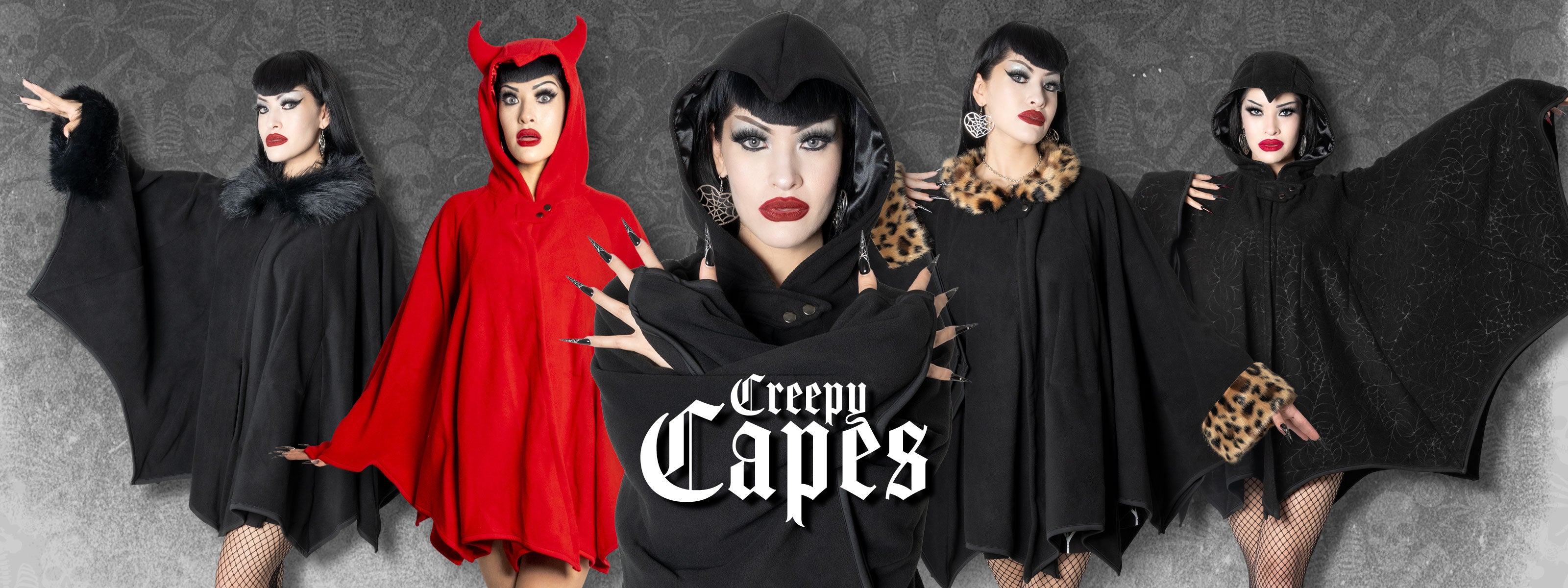 Five women wearing black and red capes on a gray background. Text reads 'Creepy Capes.'