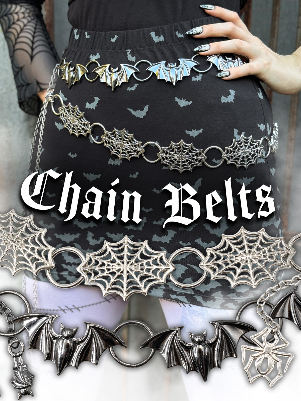 Chain belts with bat and spider web designs on a black skirt.