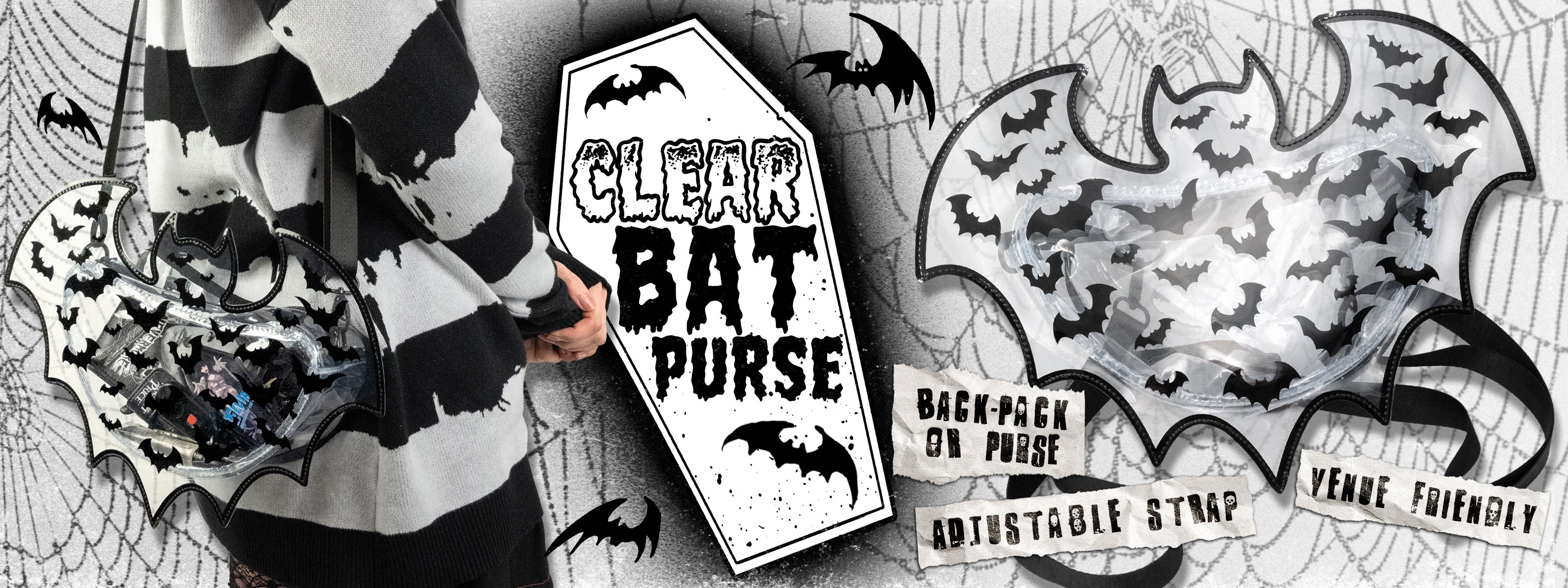 Kreepsville's new clear bat backpack with text that says "Clear bat purse: adjustable strap, backpack or purse, venue friendly"