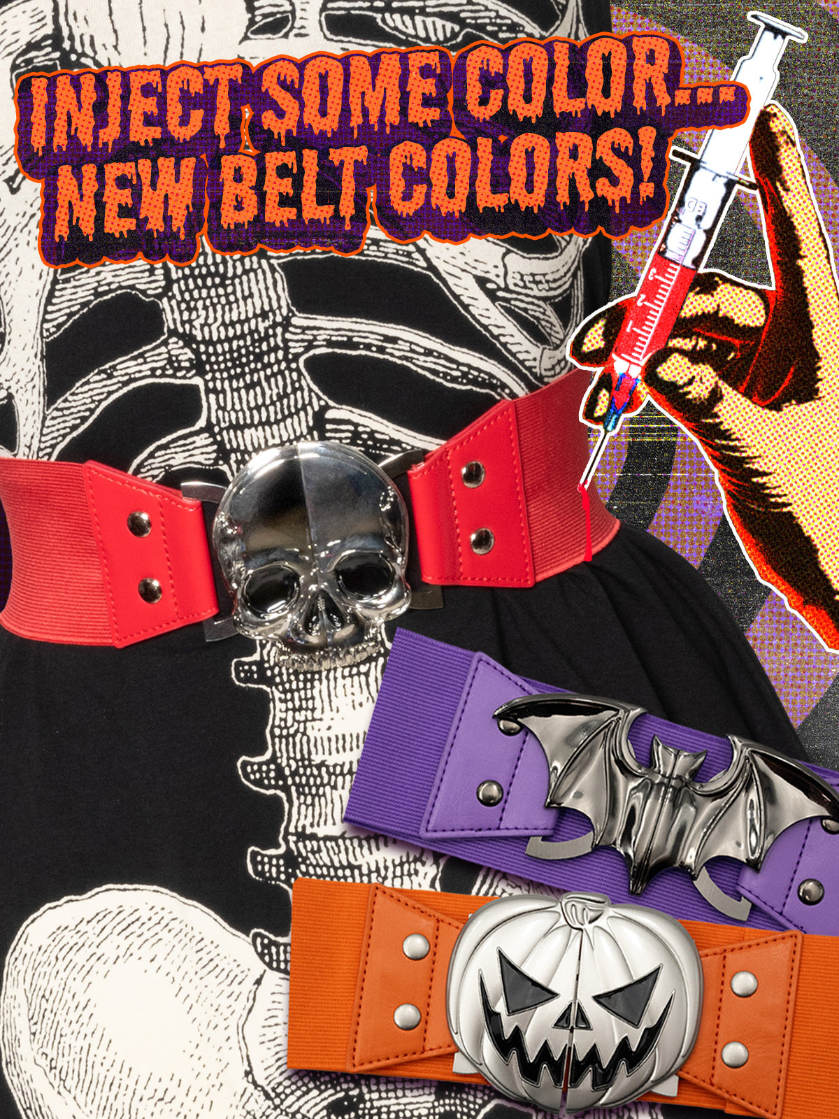 Three colorful belts with skulls, bats, and jack o lanterns. Text reads: Inject some color... new belt colors!