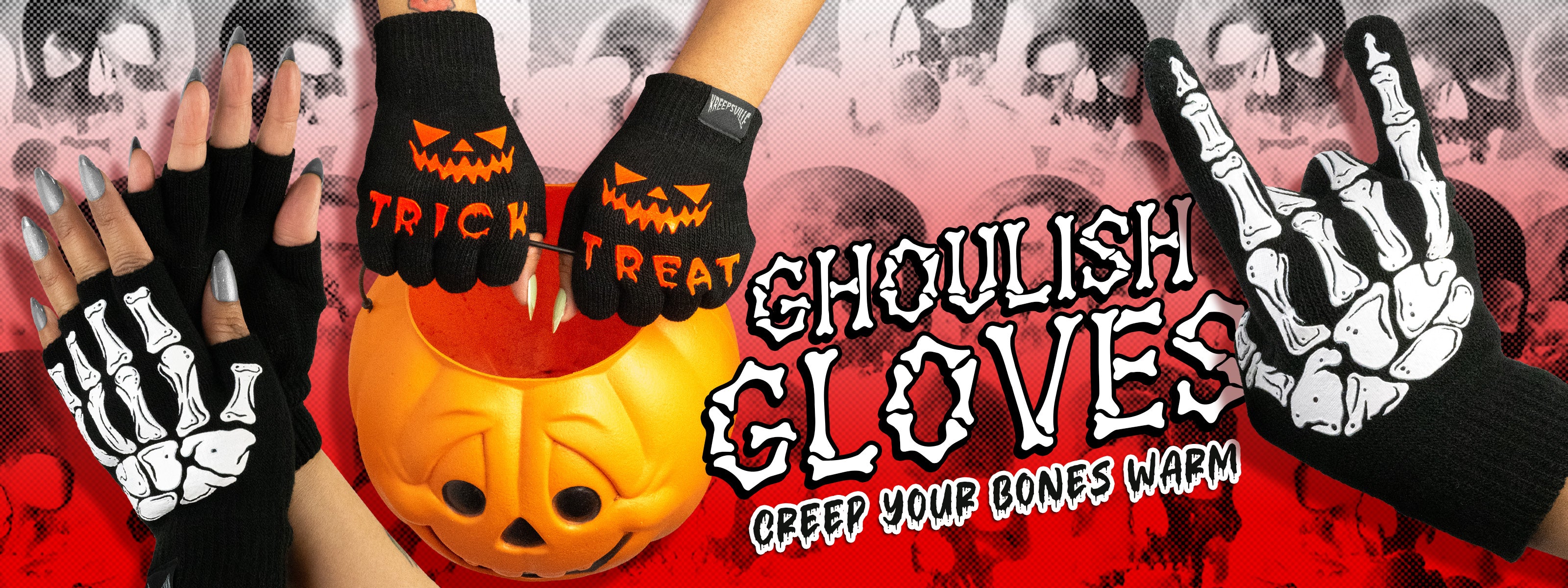 Horror-themed gloves with pumpkin and skeleton designs on a red background.