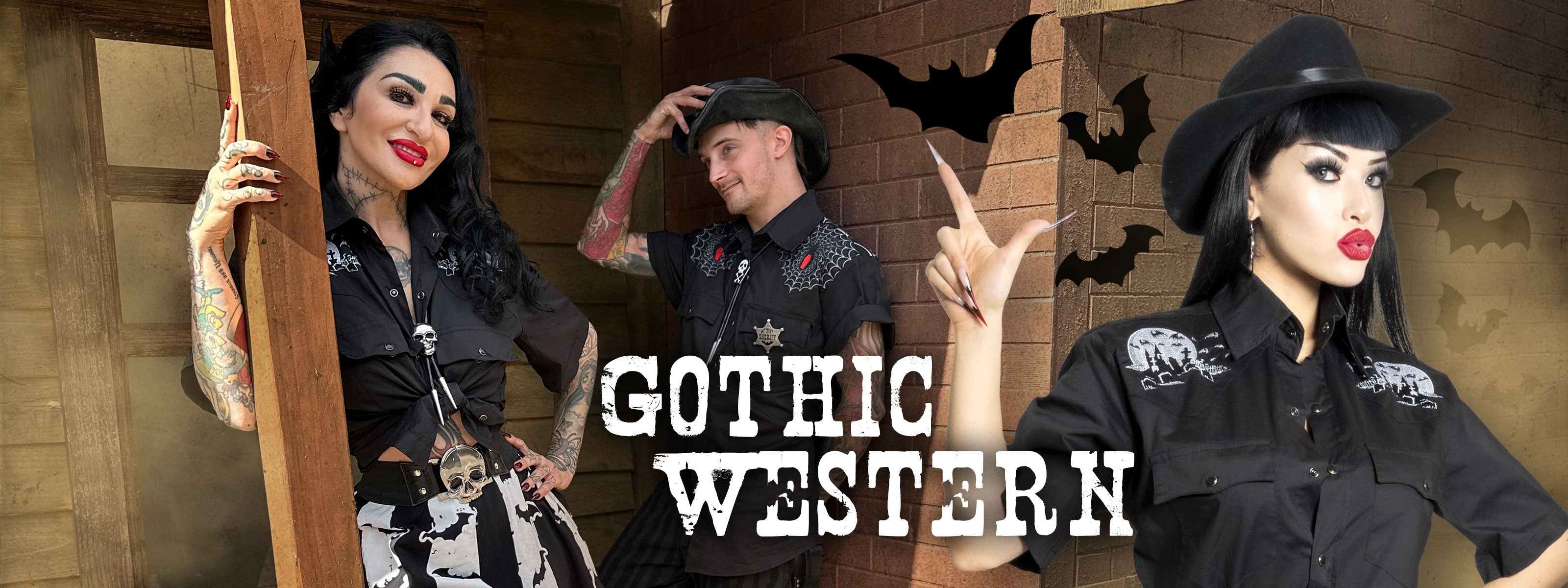 Three people in gothic western attire with bats in the background
