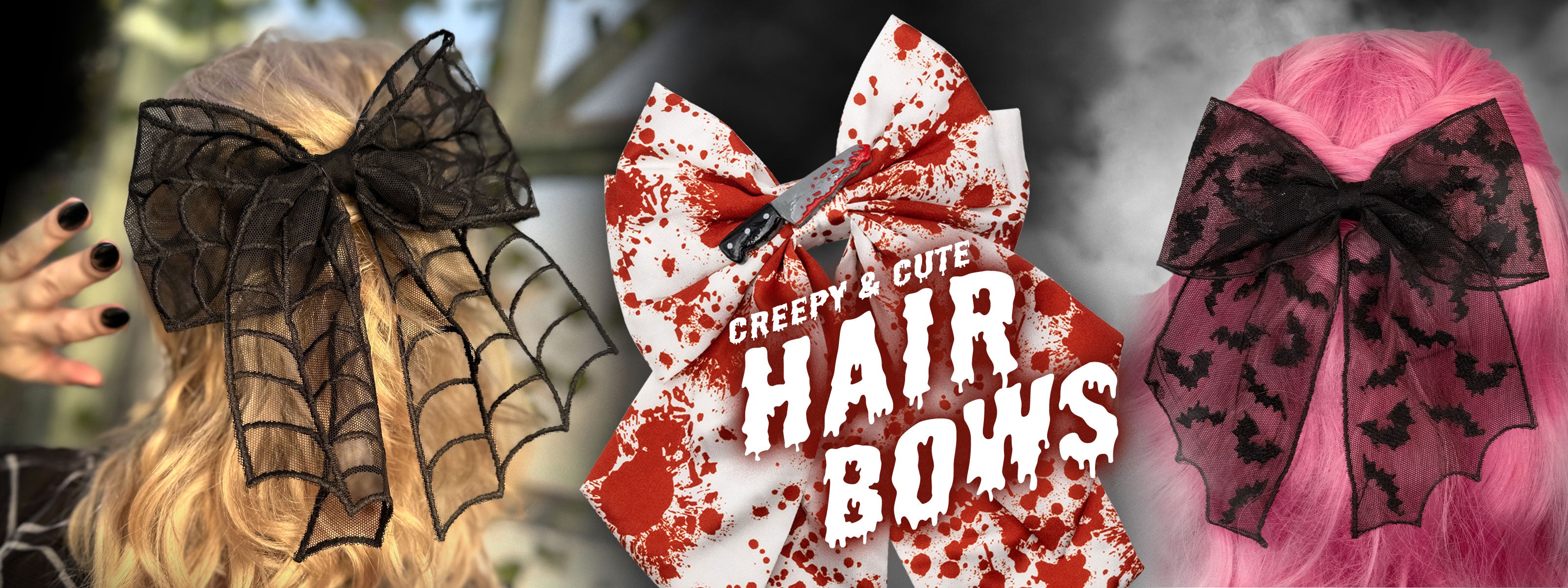 Three hair bows with different designs and colors, including a spider web, blood splatter, and bat print.