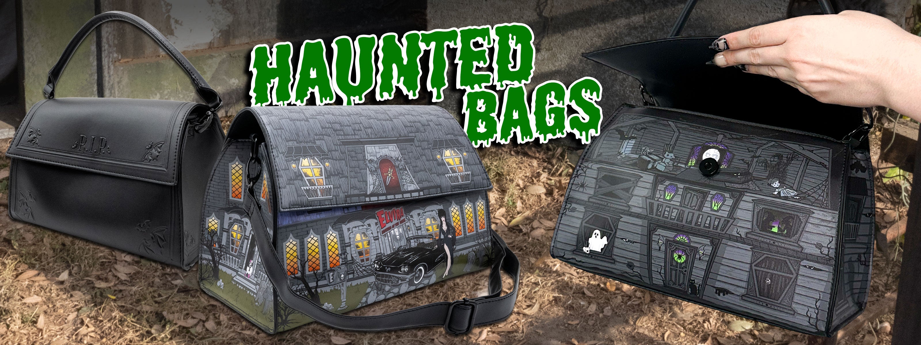 Bags with haunted house designs on a textured surface, featuring the text 'Haunted Bags'.