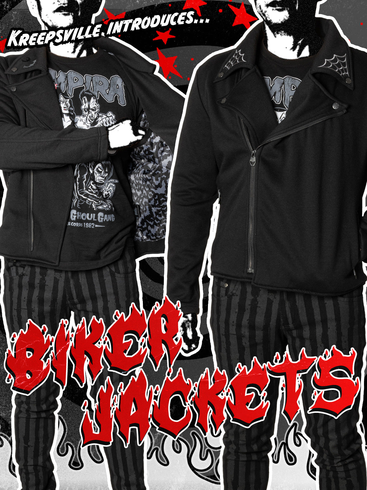 Biker jackets with a spider web and red accents, featuring text 'Kreepsville Introduces Biker Jackets'.