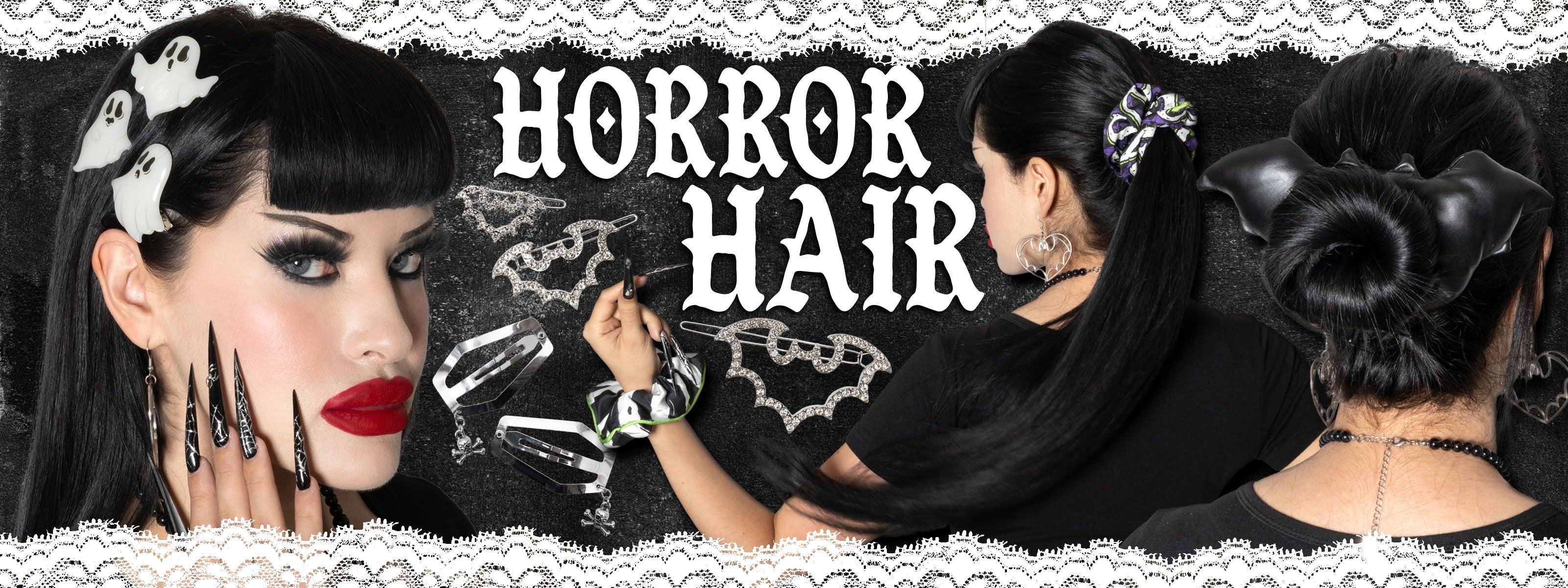 Promotional graphic for 'Horror Hair' showcasing three views of a gothic hairstyle: a front view with a blunt black bob and white ghost hair clips, a side/back view showing a long straight black ponytail, and a back view of the hair bun. The model wears black clothing, gothic makeup, and red lipstick against a black background with white lace borders.