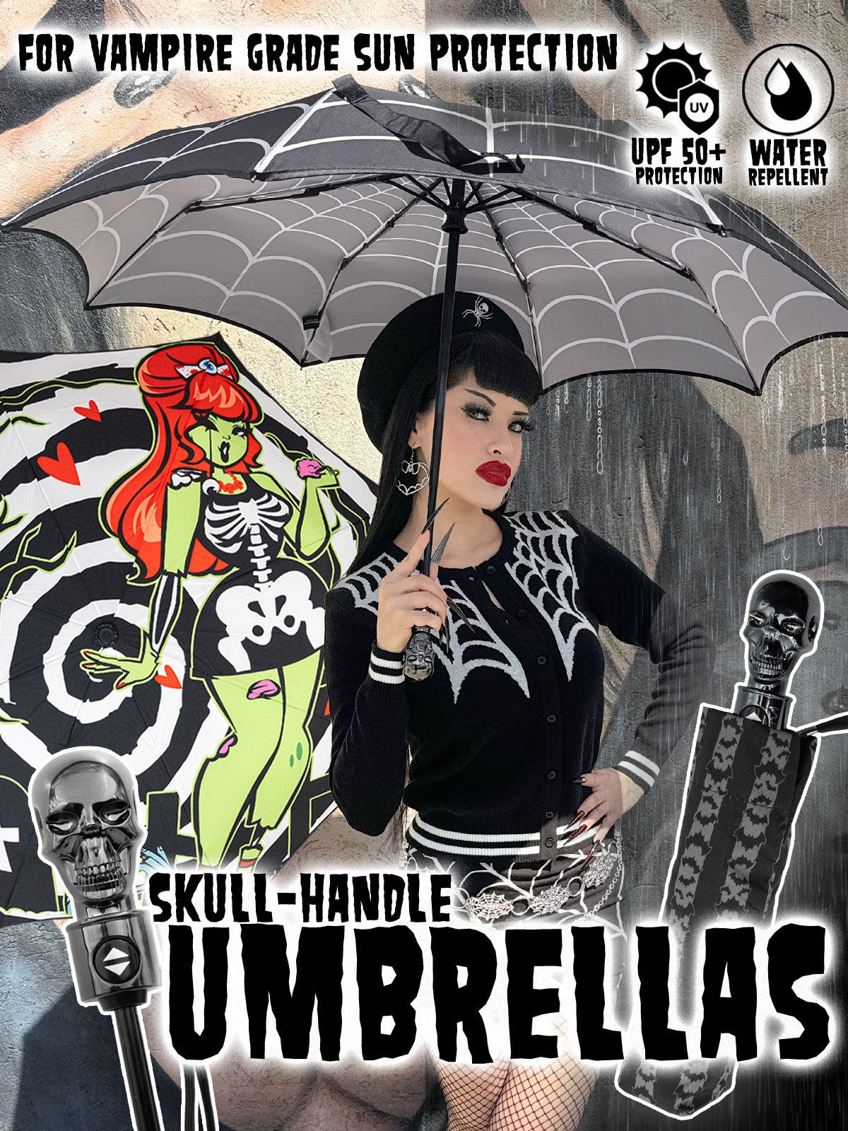 A promotional graphic for a skull-handle umbrella, featuring a woman in a black outfit holding a black umbrella with spiderweb pattern. The image includes illustrated gothic-themed graphics, text reading 'Skull-Handle Umbrellas,' and product callouts like 'Vampire Grade Sun Protection,' 'UPF 50+ Protection,' and 'Water Repellent.