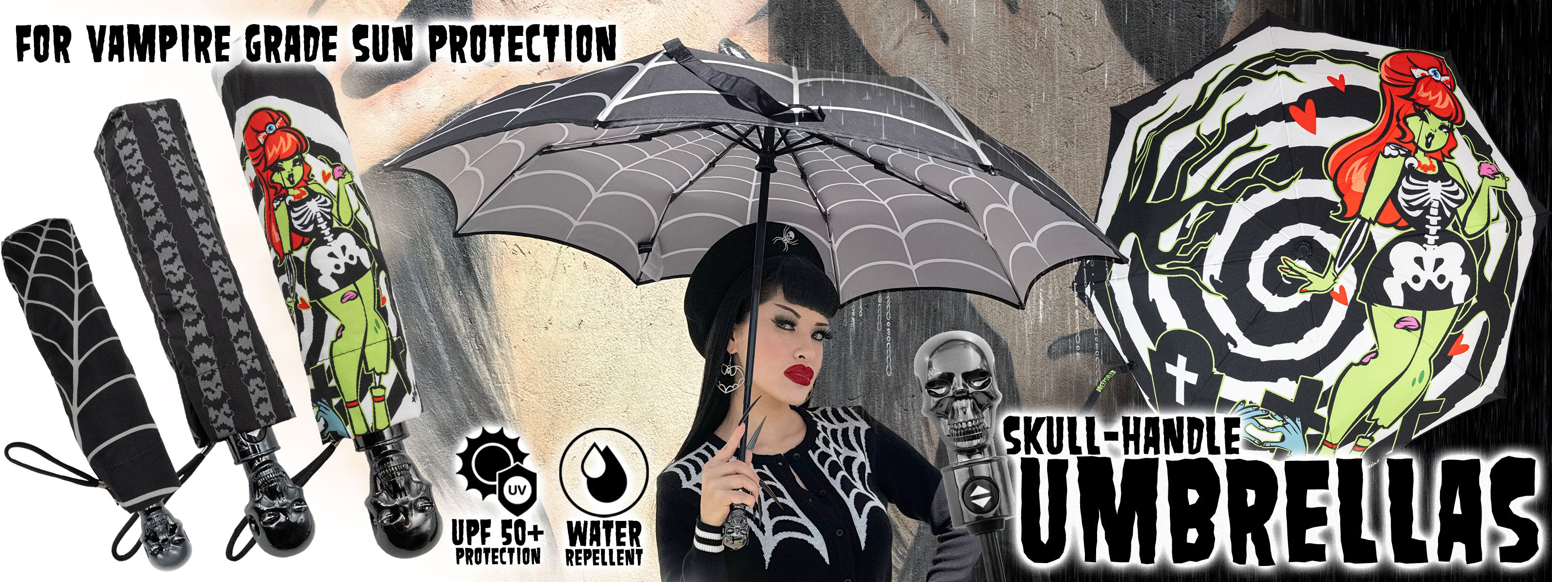 A promotional graphic for a skull-handle umbrella, featuring a woman in a black outfit holding a black umbrella with spiderweb pattern. The image includes illustrated gothic-themed graphics, text reading 'Skull-Handle Umbrellas,' and product callouts like 'Vampire Grade Sun Protection,' 'UPF 50+ Protection,' and 'Water Repellent.
