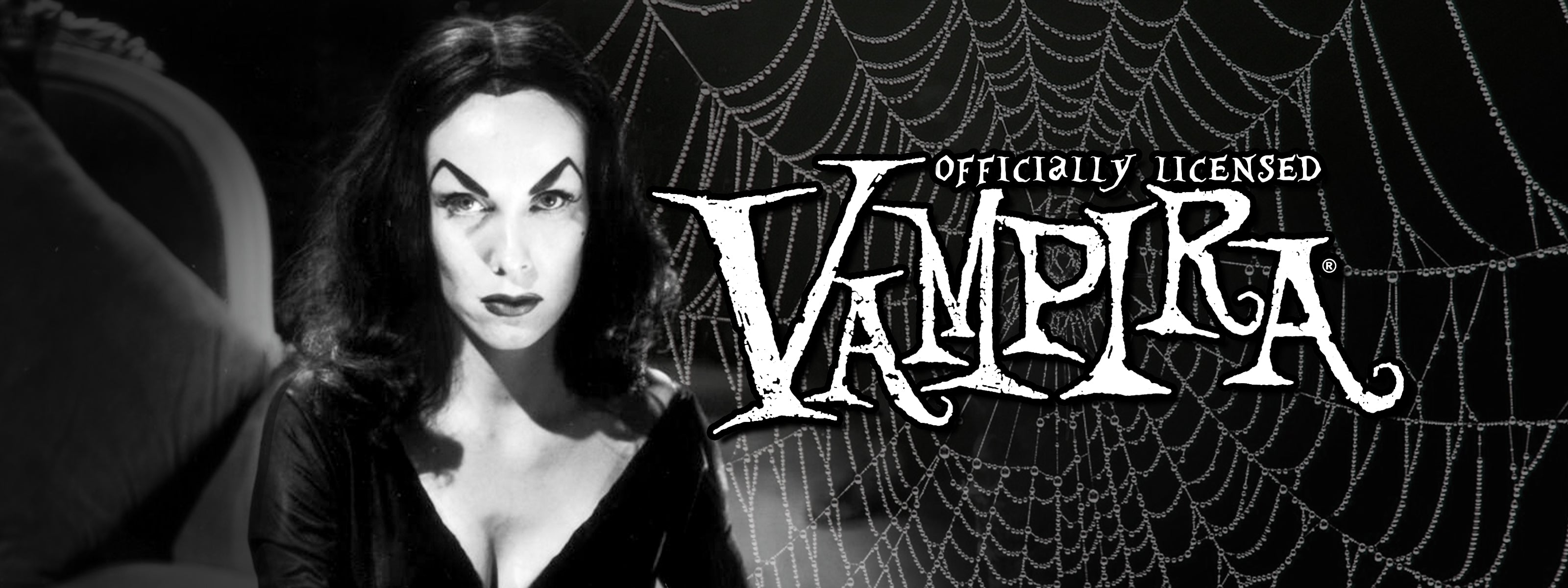 Vampira next to text that says "Officially Licensed Vampira" with spiderweb background