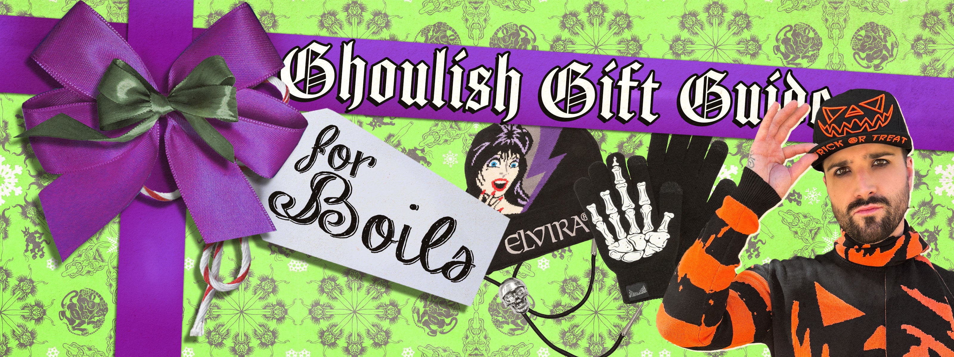 Promotional graphic for a 'Ghoulish Gift Guide for Boils' with a purple bow, text, and spooky-themed illustrations on a green background.