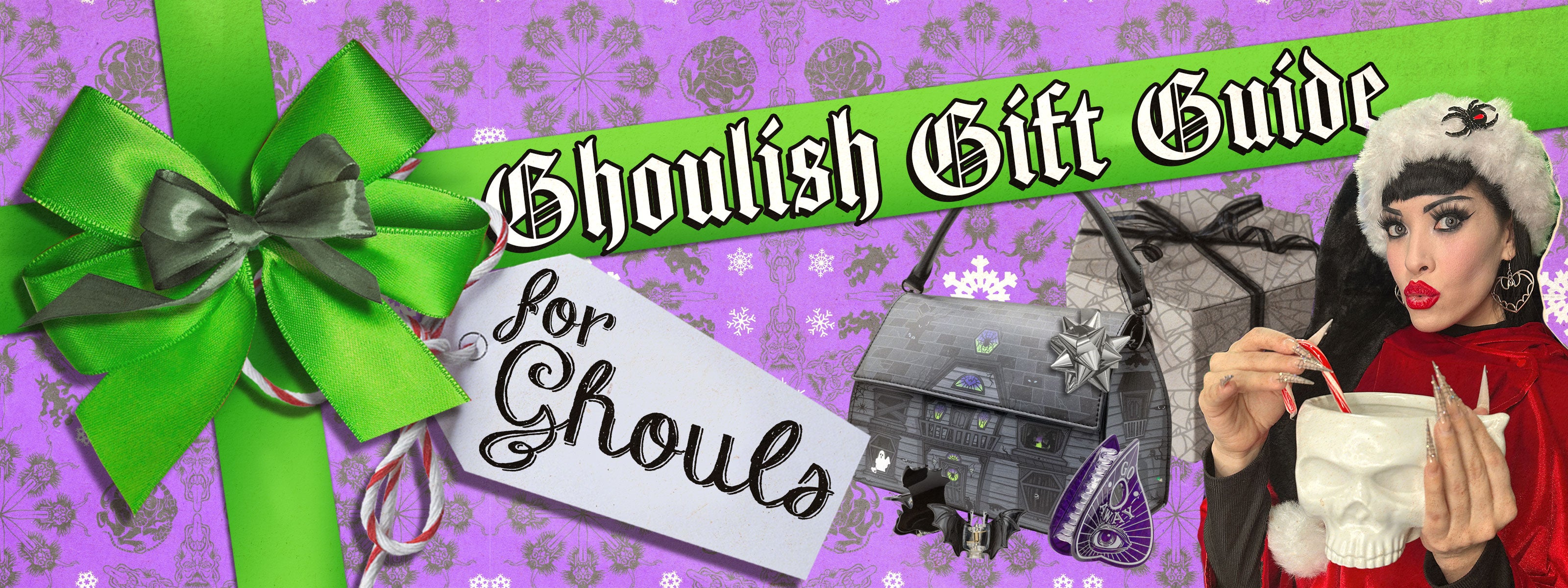 Promotional graphic for 'Ghoulish Gift Guide for Ghouls' with a green bow, ghost, and person in a red cape.