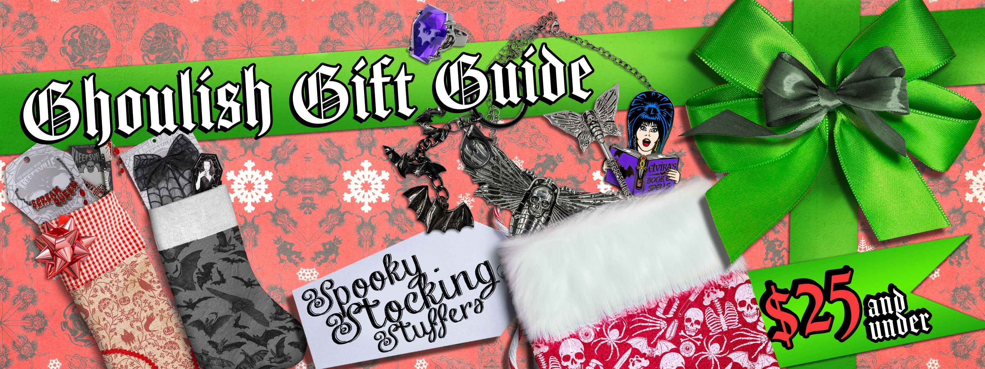 Ghoulish gift guide spooky stocking stuffers promo banner with spooky-themed products and decorations on a colorful background.