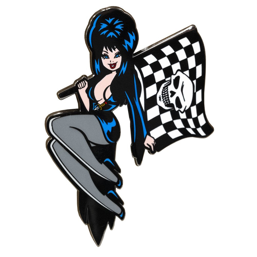 Elvira Racing Flag Skull Enamel Pin - Kreepsville