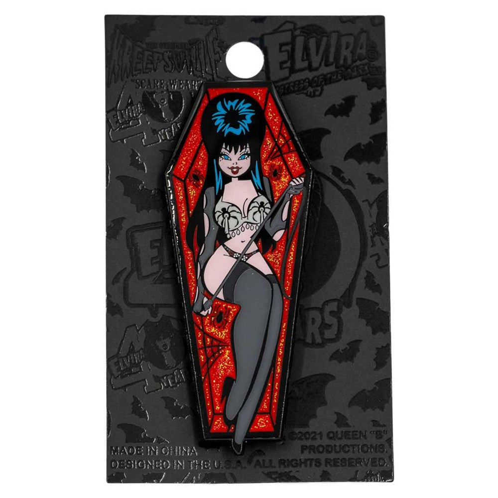 Elvira Spider Coffin Glitter Enamel Pin - Kreepsville