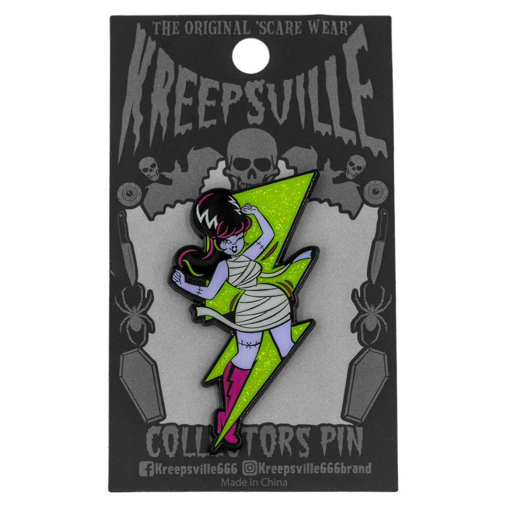 Bride Bolt Green Glitter Enamel Pin - Kreepsville