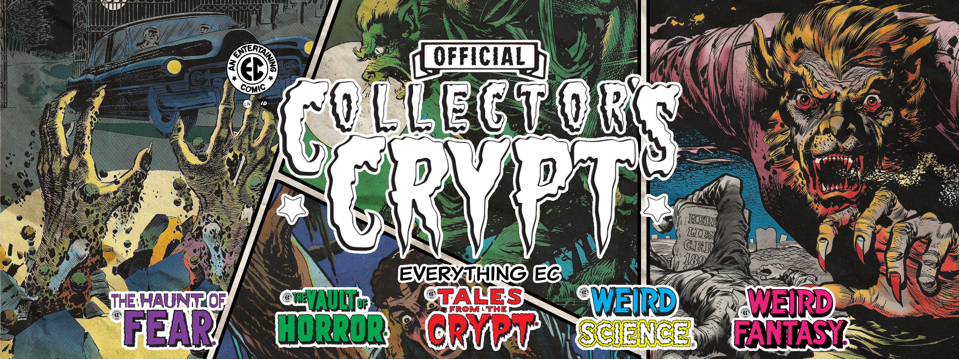 Promotional graphic for EC Comic 'Collectors Crypt' with horror-themed illustrations and text.