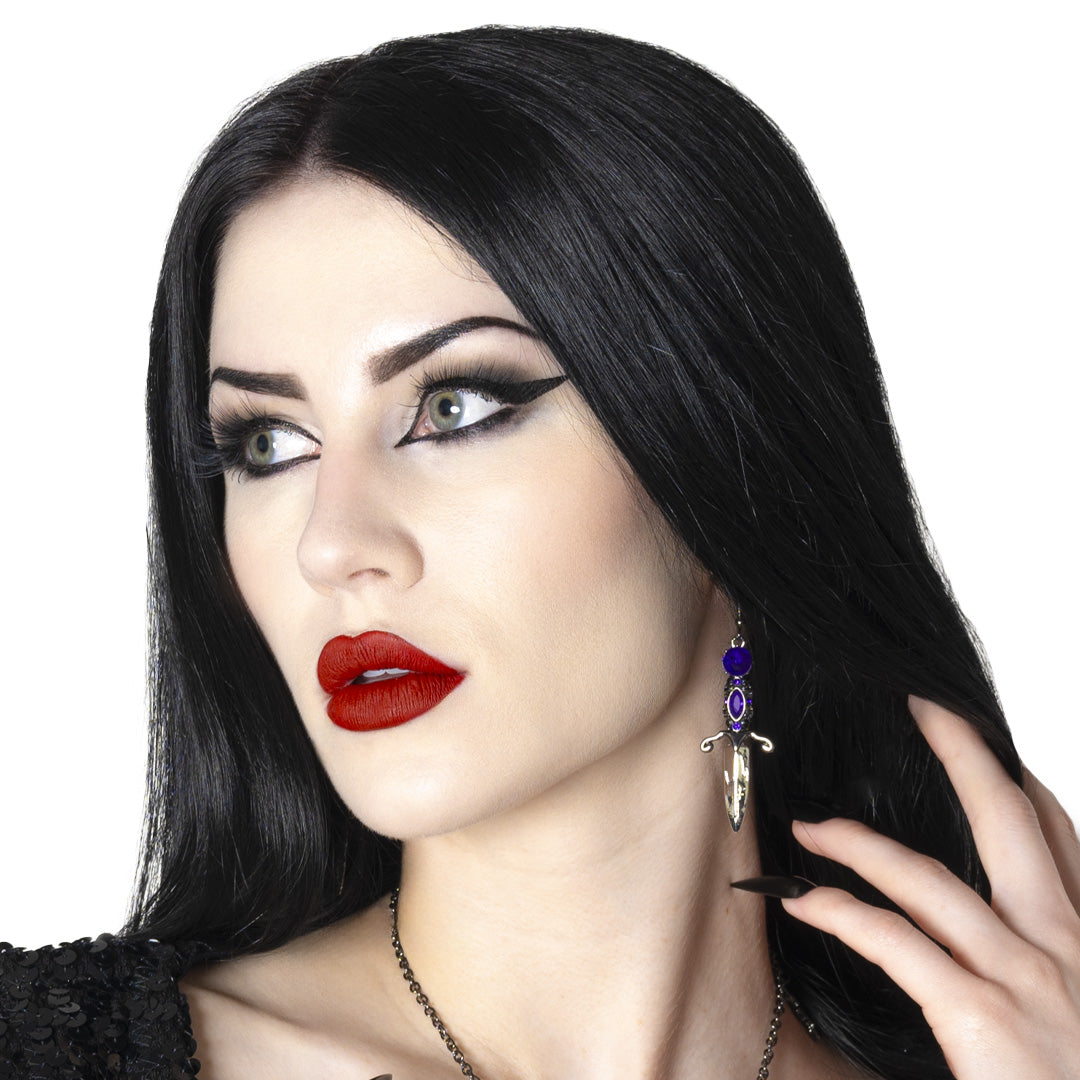 Elvira mistress of the dark crystal dagger earrings, range of