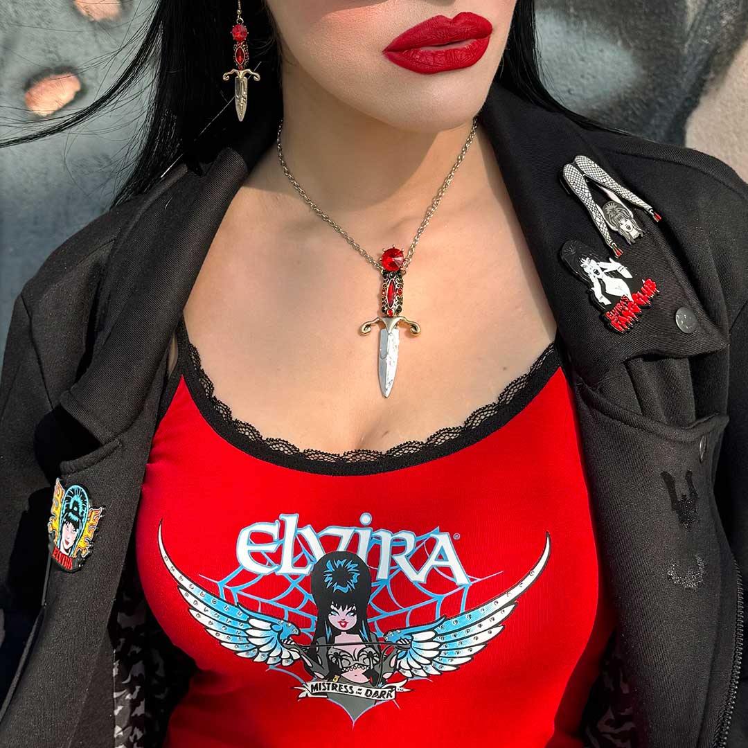 Elvira mistress of the dark crystal dagger earrings, range of
