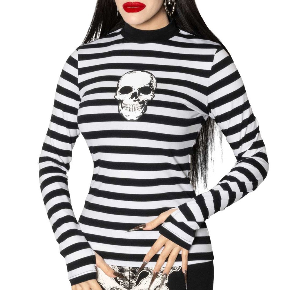 Skull Black White Striped Long Sleeve Top