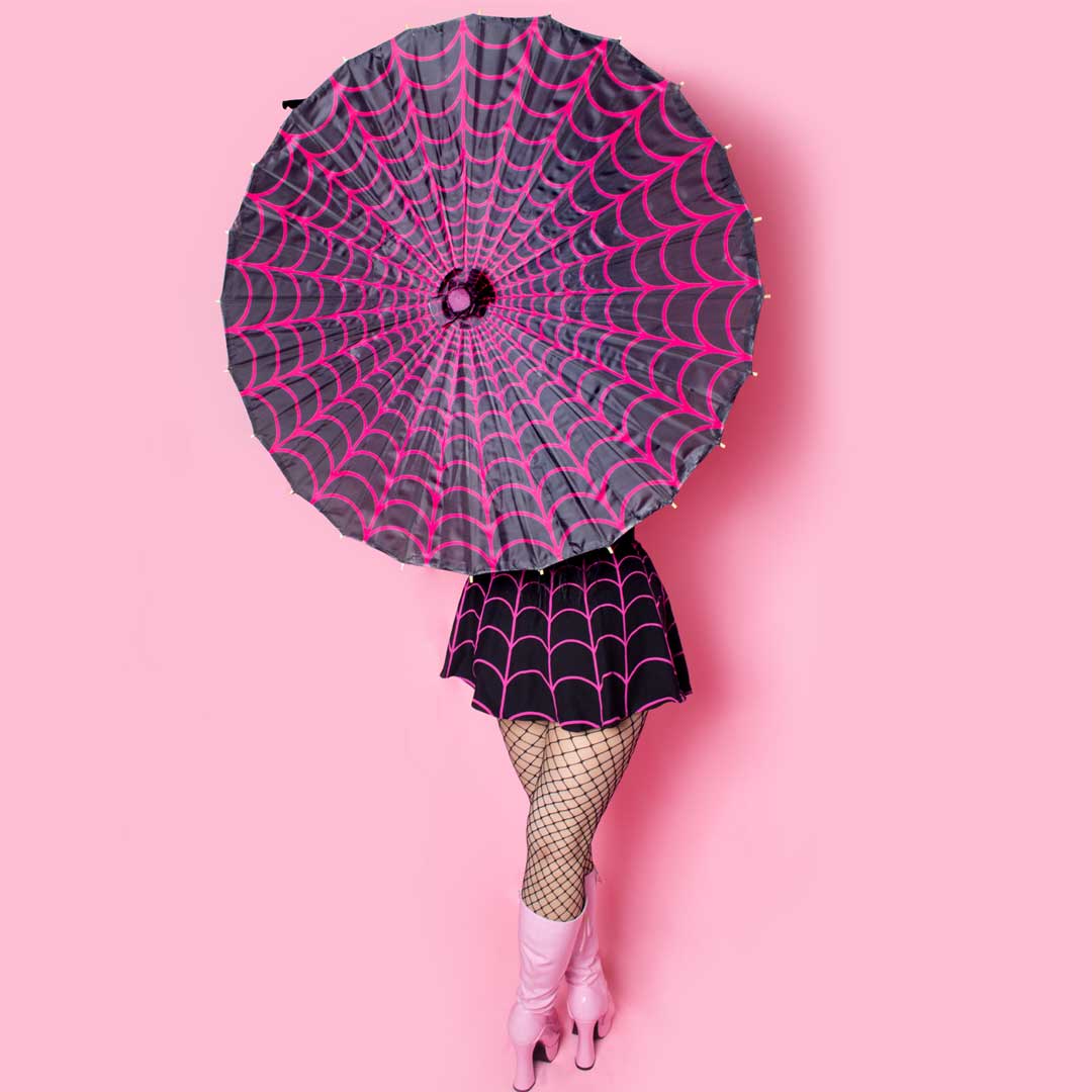 Spiderweb Pink and Black Fabric Parasol - Kreepsville