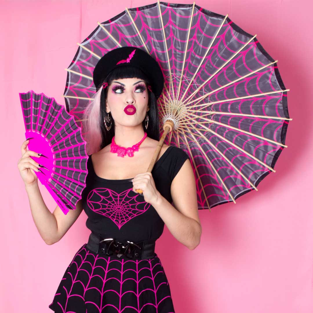 Spiderweb Pink and Black Fabric Parasol - Kreepsville