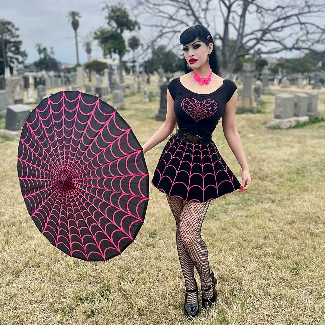 Spiderweb Pink and Black Fabric Parasol - Kreepsville