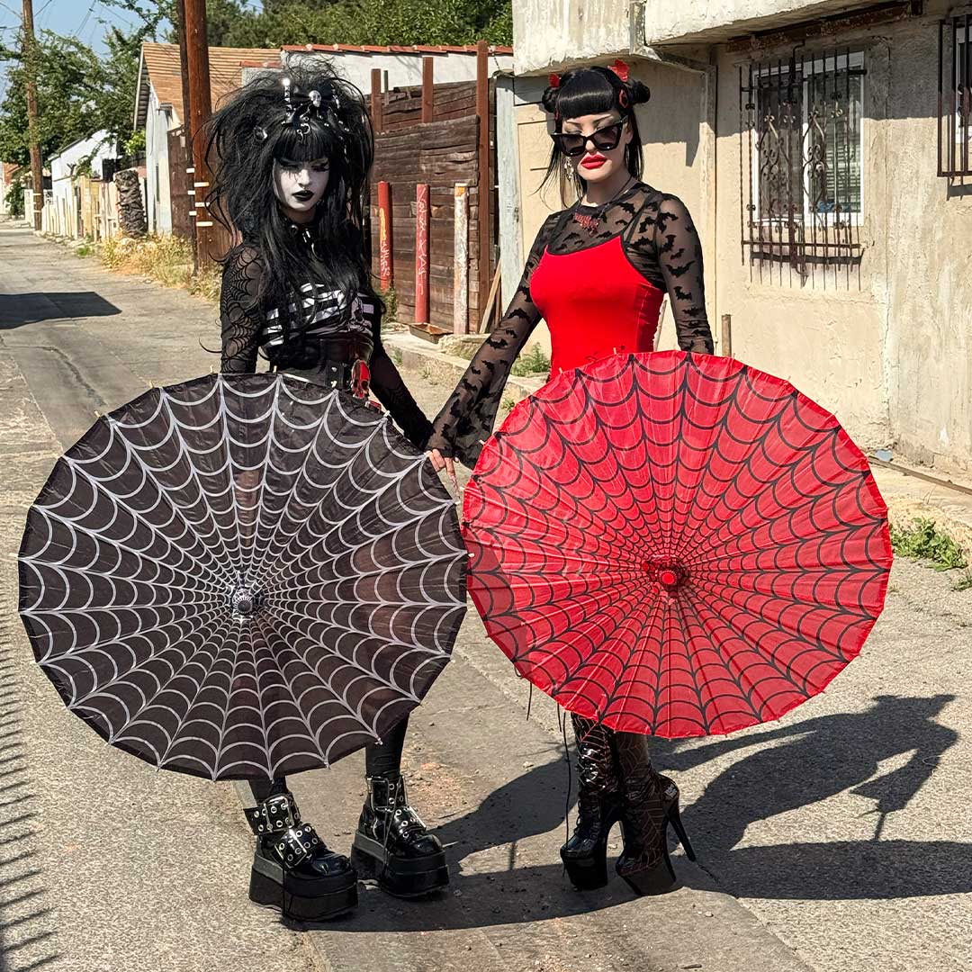 Spiderweb Grey and Black Fabric Parasol - Kreepsville