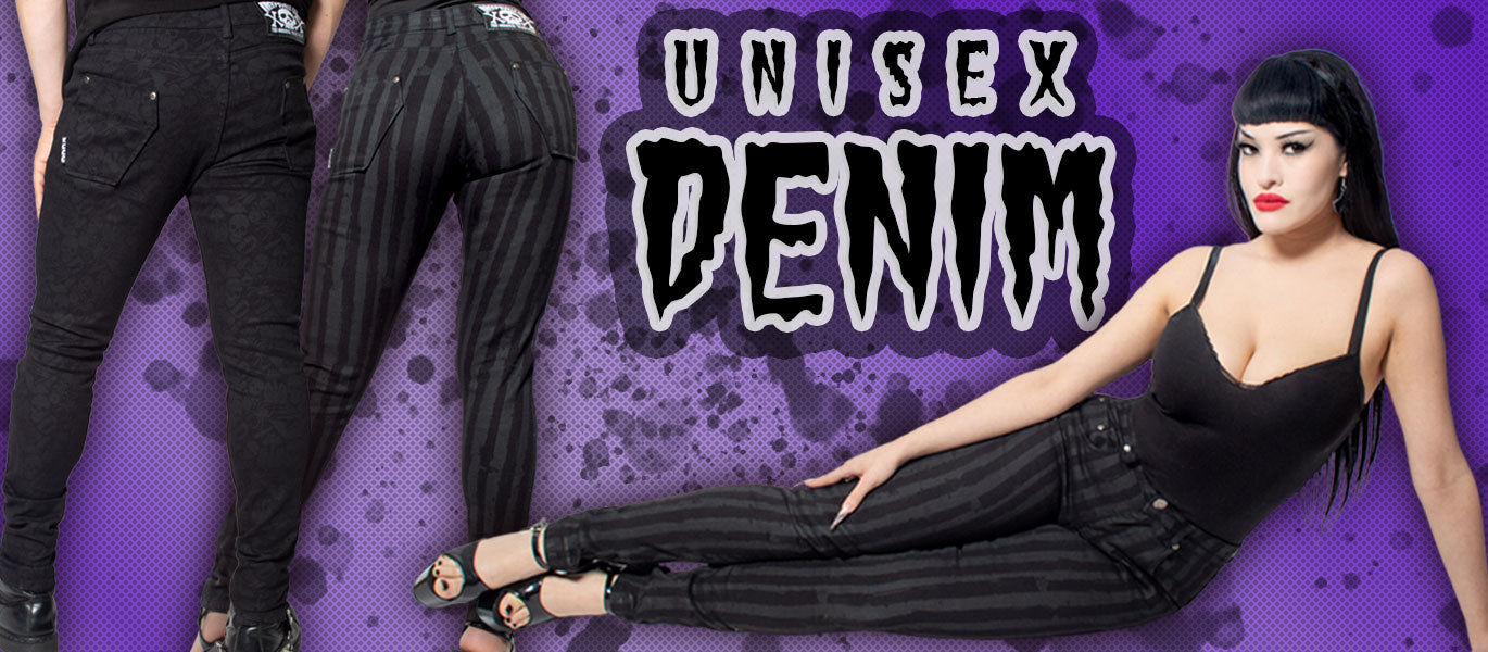 Unisex denim banner showing model in different gothic style jeans